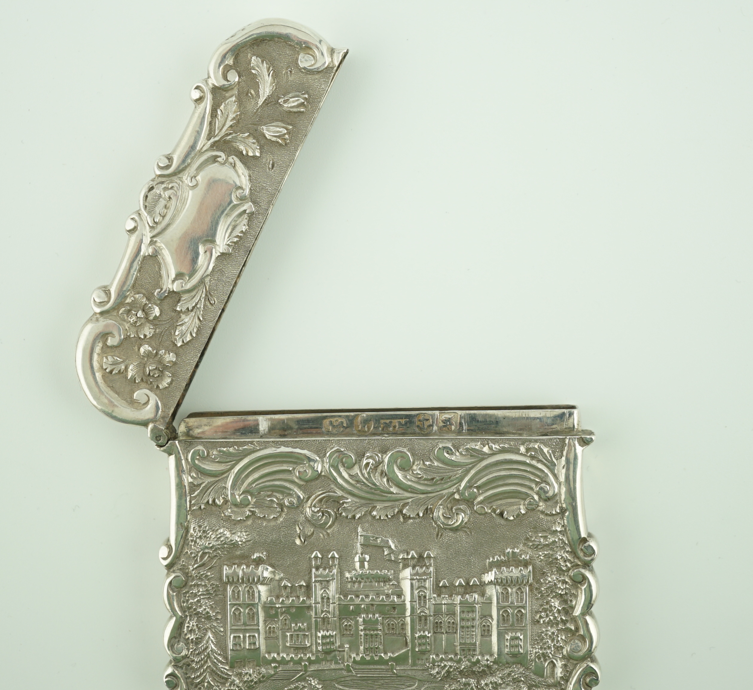 An early Victorian silver 'castle top' card case by Nathaniel Mills